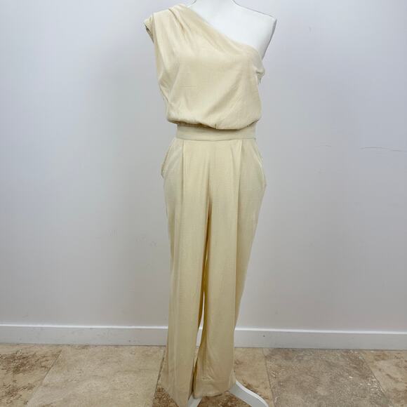 Free People Avery One Shoulder Jumpsuit Wide Leg Pockets Cream Ivory US 4 NWT - Picture 6 of 16